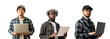 Group of male computer programmers with half-body portraits holding laptops, Isolated on Transparent Background, PNG
