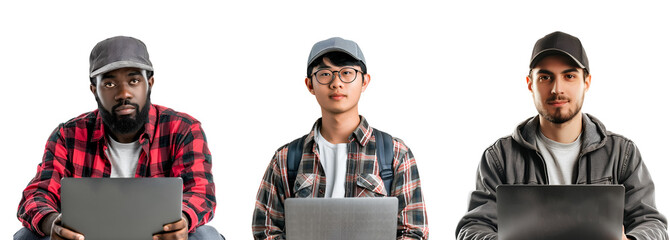Collection of male coders with laptops in half-body portraits, Isolated on Transparent Background, PNG