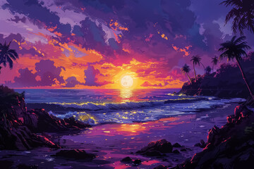 Wall Mural - tropical beach sunset with vibrant colors, silhouetted palm trees and reflective ocean waves