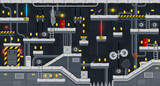 Fototapeta  - Arcade underground factory game level map interface. Traps and steel metal platforms and coins, golden stars on console or computer game level, arcade app vector background, retro videogame backdrop