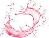 Fototapeta  - Realistic pink water swirl splash with drops. Fresh vitamin juicy drink, berry wine, pink water whirl isolated 3d vector fizz. Fruit juice splash realistic ripples or flow droplets