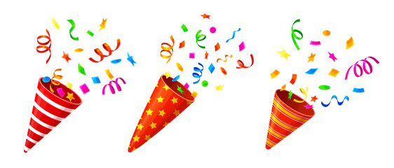 Holiday party popper striped cones, birthday firecrackers with confetti, stars and paper ribbons. Vector crackers and festive popper cones exploding rainbow color streamers, confetti and glitter