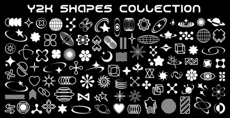 Aufkleber - y2k icons, graphic elements and retro shape symbols, vector abstract design. y2k shapes of star, flo