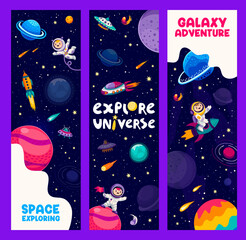 Poster - Galaxy space banners with cartoon kid astronauts, spacecraft and planets on starry sky vector background. Funny spacemen and aliens flying on rockets and UFO spaceship through stars and asteroids