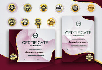 Fototapete - Maroon certificate diploma award vector template with golden seals and lines borders. Certificate of achievement, honor gift and award. Vertical and horizontal diploma, gold badges and laurel wreaths