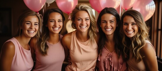 Group of young female athletes smiling and laughing together while wearing sporty fitness clothes