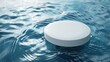 Ideal for cosmetic product display, a white round pedestal sits on a blue water surface with a ripple effect.
