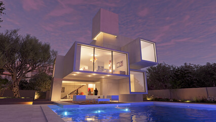 Wall Mural - Luxurious modern mansion with pool at twilight