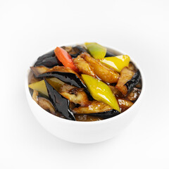 Di San Xian, Stir Fried Eggplant, Potato and Pepper, chinese food, on a white background