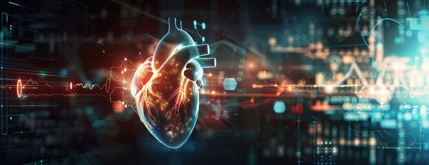 Canvas Print - futuristic human heart with data visualization lines, representation, 3d created with ai