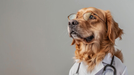 Poster - Portrait of golden retriever dog wearing glasses and doctor uniform or doctor gown with stethoscope Isolated on clean background. Copyspace on the left. --ar 16:9