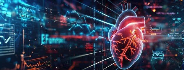 Poster - futuristic human heart with data visualization lines, representation, 3d created with ai