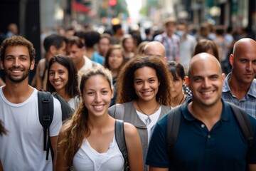 Crowd of diverse business people smiling walking on a city street