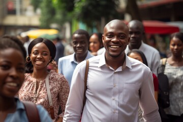 crowd of african business people smiling walking on a city street