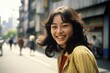 Young Japanese woman smiling happy on city street in 1970s