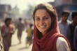 Young Pakistani woman smiling happy on city street in 1970s