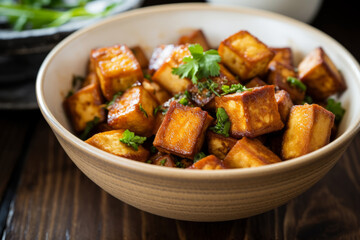 Wall Mural - Crispy roasted tofu in a bowl topped with green herbs, roasted in the oven or fried in a skillet