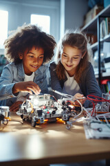 Young students girls and boys are working on engineering or STEM project together in the classroom