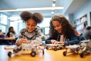 Young students girls and boys are working on engineering or STEM project together in the classroom