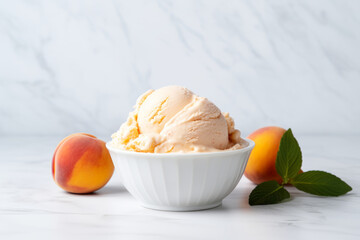 Wall Mural - Peach ice cream in a white bowl on white marble table with fresh peaches, summer dessert idea