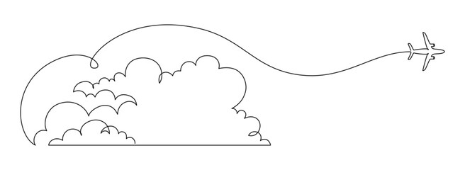 Poster - Airplane path in the sky in One Continuous line drawing. Business Concept of world travel and international flight airline in simple linear style. Editable stroke. Vector illustration
