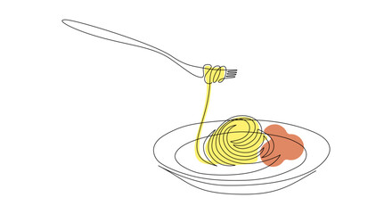 Aufkleber - Pasta and spaghetti in One Continuous line drawing. Italy noodle on plate with fork for banner and food delivery service in simple linear style. Editable stroke. Doodle outline Vector illustration