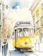 A yellow tram glides through a cityscape, with a couple strolling by, all captured in vibrant watercolors