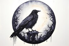 Crow Sitting On The Moon. Hand Drawn Watercolor Illustration.