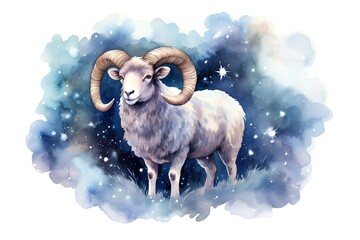 Wall Mural - Watercolor illustration of a ram on a background of a night sky with stars.