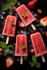 Wall Mural - Homemade strawberry popsicles with mint leaves on a wooden plate, surrounded by fresh strawberries