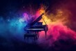 colorful abstract dust explosion behind elegant grand piano world music day banner