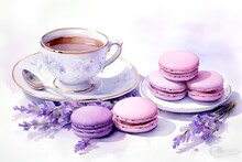 Cup Of Coffee And Pink Macaroons With Lavender Flowers On A White Background