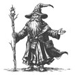 dwarf mage with magical staff full body images using Old engraving style body black color only