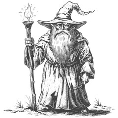 Wall Mural - dwarf mage with magical staff full body images using Old engraving style body black color only