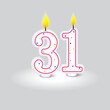 Celebratory number 31 candles. Birthday age decoration. Anniversary numeral lights. Festive cake topper. Vector illustration. EPS 10.