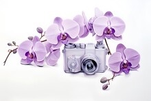Vintage Camera And Orchid Flowers Isolated On White Background. Vector Illustration.