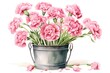 Bouquet of pink carnations in a metal bucket. Watercolor illustration