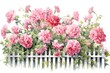Watercolor illustration of a fence with pink flowers. Isolated on white background.
