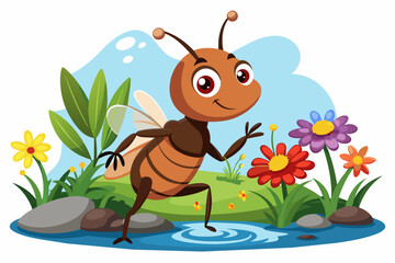 Wall Mural - A charming ant cartoon character adorned with flowers on a white background.