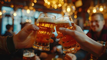 Two hands holding beer alcohol at a bar