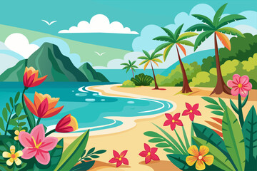 Sticker - Charming beach with vibrant flowers blooming against a pristine white backdrop.