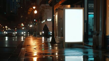 Wall Mural - Mockup. Blank white vertical advertising banner billboard stand on the sidewalk at night