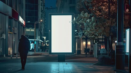 Wall Mural - Mockup. Blank white vertical advertising banner billboard stand on the sidewalk at night