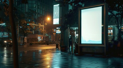 Wall Mural - Mockup. Blank white vertical advertising banner billboard stand on the sidewalk at night