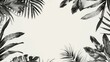 Serene monochrome tropical leaves border on white background, with ample space for text in the center, ideal for nature themes and spa designs. Copy space.
