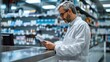 © BrightWhite - Concentrated male pharmacist in white coat using tablet in modern pharmacy with grey shelves.
