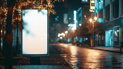 Wall Mural - Mockup. Blank white vertical advertising banner billboard stand on the sidewalk at night