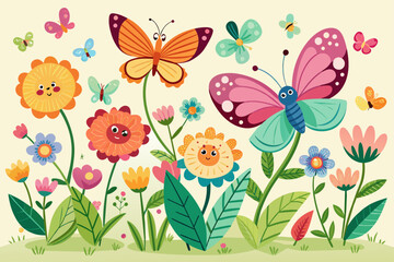 Sticker - Butterflies, flowers, and charming cartoon animals create a captivating and whimsical scene.