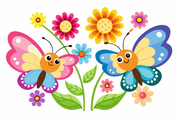 Sticker - Charming butterflies flutter amidst vibrant flowers, creating a captivating cartoon scene.