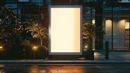 Wall Mural - Mockup. Blank white vertical advertising banner billboard stand on the sidewalk at night